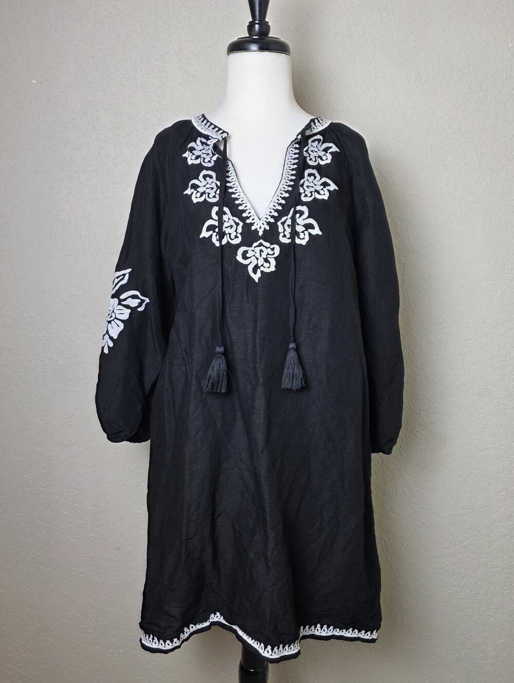 Tommy Bahama St. Lucia Linen Blend Embroidered Tunic Dress Black White Size M